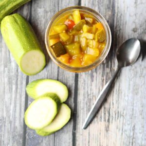 Courgette Relish in jar with courgette