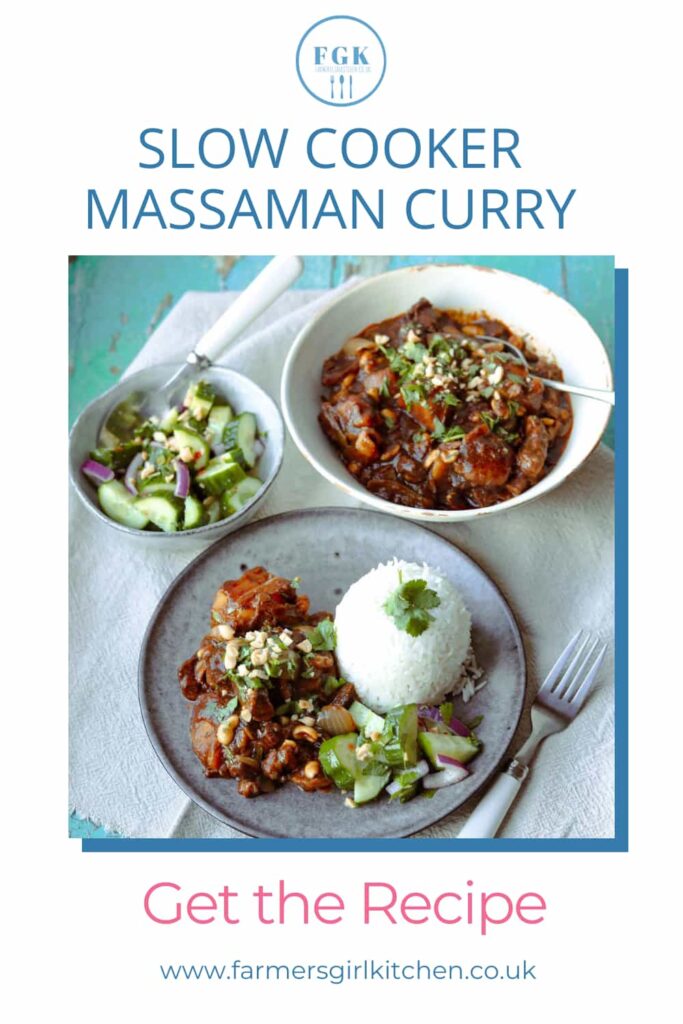 Beef Massaman Curry with rice and cucumber salad