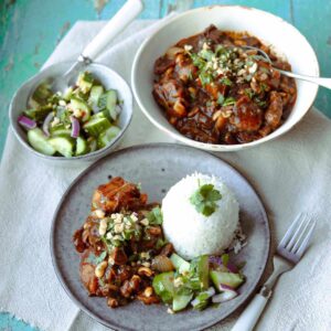 Slow Cooker Beef Massaman Curry with rice and cucumber salad