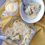 Air Fryer apple crumble serving dish and bowl with custard