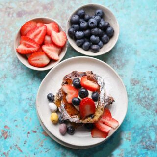 Air Fryer Hot Cross Bun French Toast with strawberries and blueberries