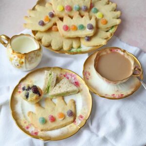 Coronation Cookies with sandwiches and tea