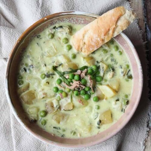 Bowl of Creamy Wild Garlic Soup with bread