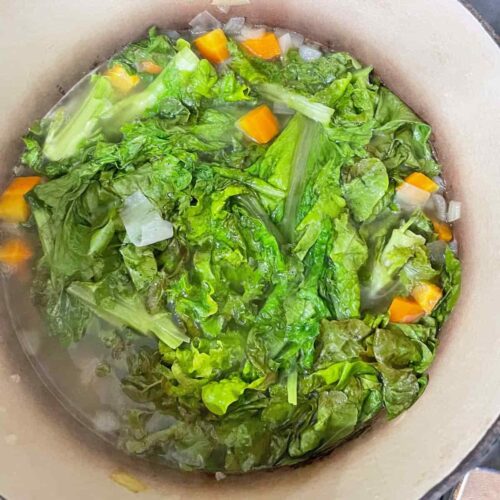 Add stock to Lettuce Soup in pan