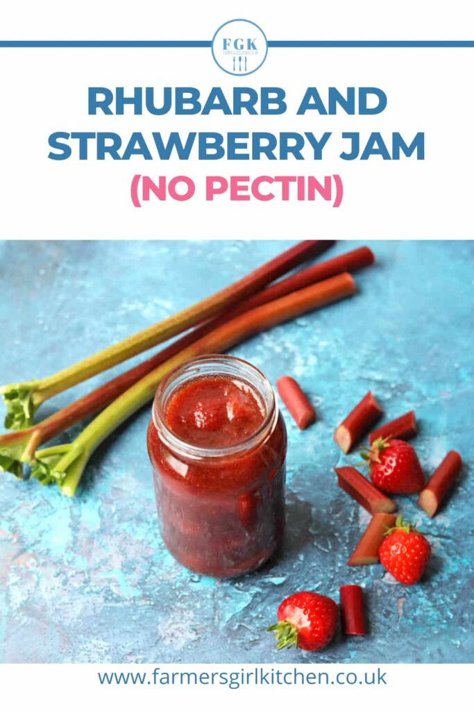 jar of Rhubarb and strawberry jam with fresh rhubarb and strawberries