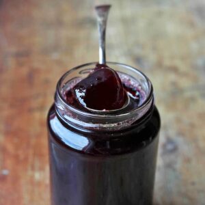 Sloe Gin Jelly jar and spoon