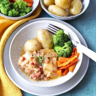 Bowl of Slow Cooker Chicken Casserole with veg