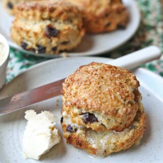 Air Fryer Mincemeat Scones with brandy butter and knife
