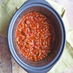 Slow Cooker Baked Beans with Chorizo in slow cooker bowl