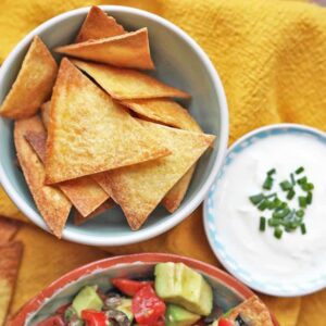 Air Fryer Corn Tortilla Chips with dips.