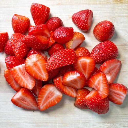 prepared strawberries for scottish strawberry jam.