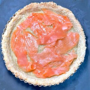 pastry case with smoked salmon in base.
