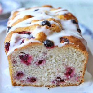 blackcurrant loaf cake inside.