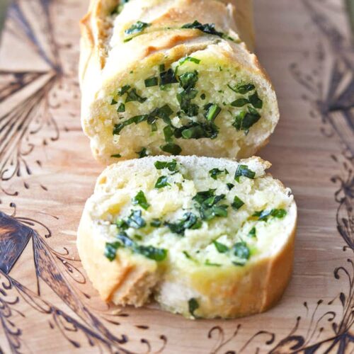 garlic bread with wild garlic cut slice.
