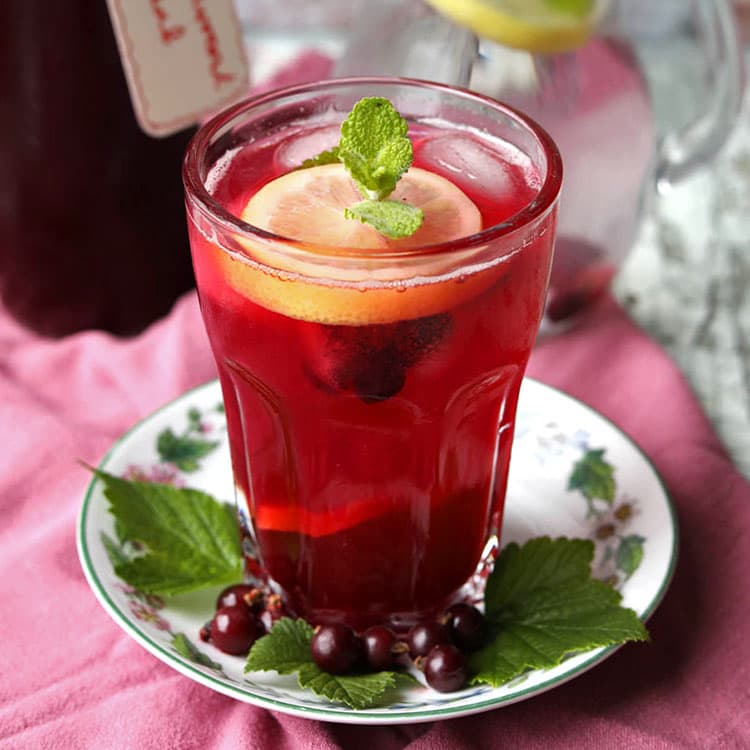 blackcurrant cordial in glass with currants and leaves on saucer.