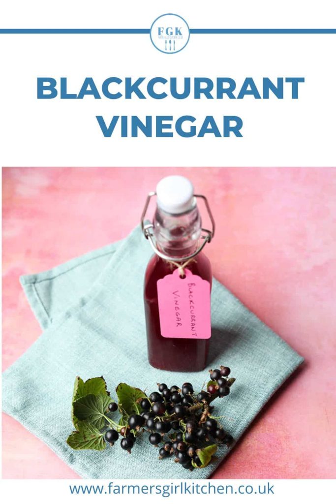 Blackcurrant vinegar in bottle on cloth with blackcurrants.