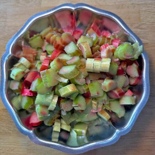 chopped rhubarb in bowl.