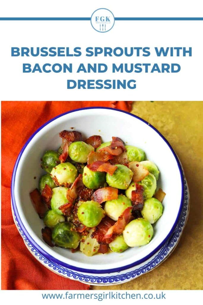 burssels sprouts with bacon and mustard dressing in bowl.