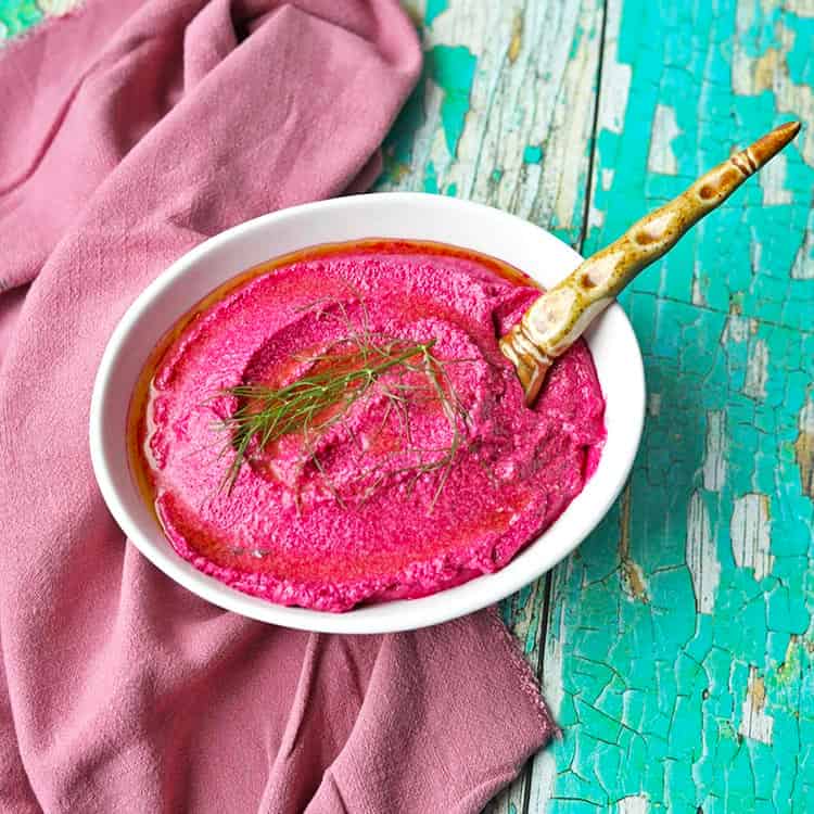 beetroot whipped feta with spoon.